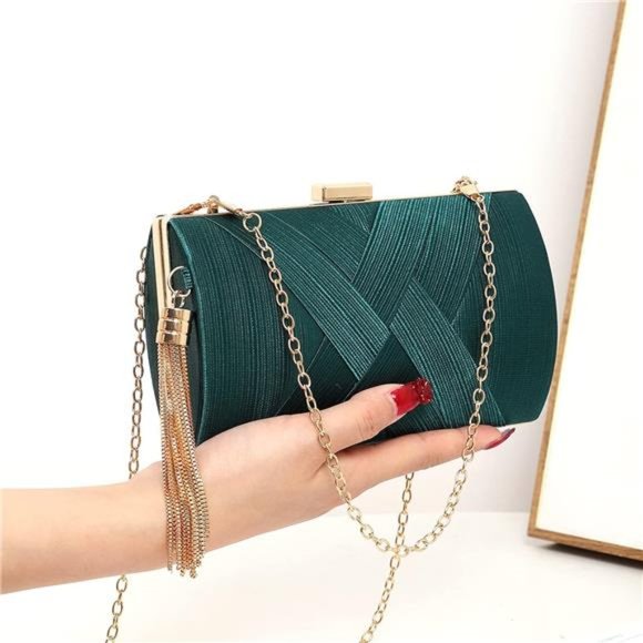 Women's Elegant Tassel Pendant Silk Evening Bag Clutch Green - Picture 3 of 6